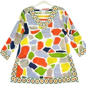 Gretchen Scott V Neck Tunic Top Sz M Geometric Colorful